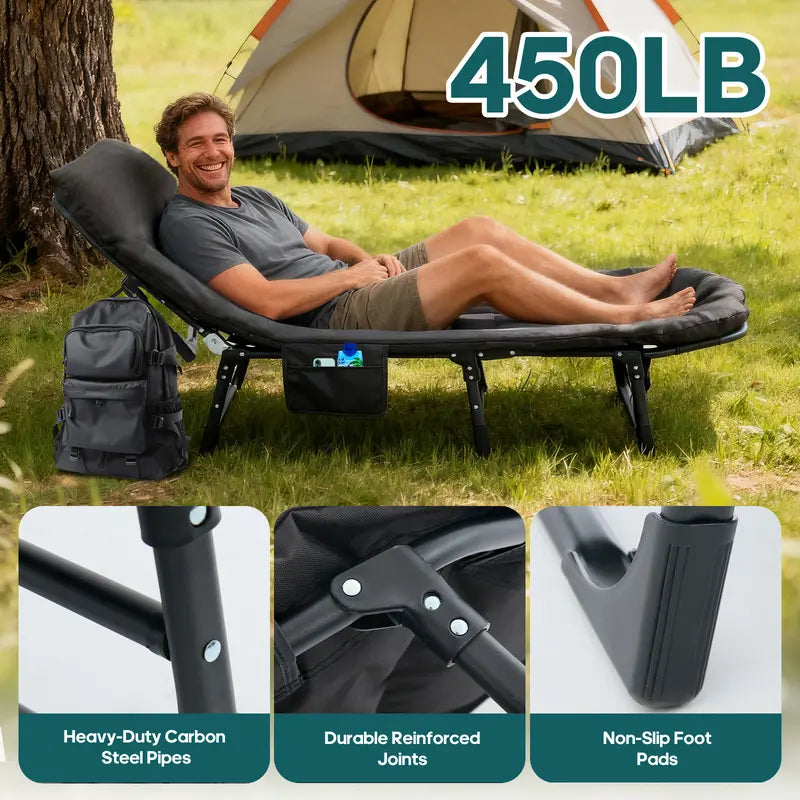 6-Position Adjustable Camping Cot with Mattress, 450lbs Capacity, Folding Portable Bed for Outdoor & Office.