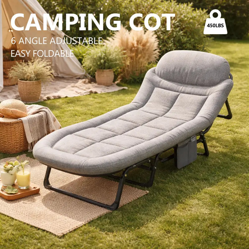 6-Position Adjustable Camping Cot with Mattress, 450lbs Capacity, Folding Portable Bed for Outdoor & Office.