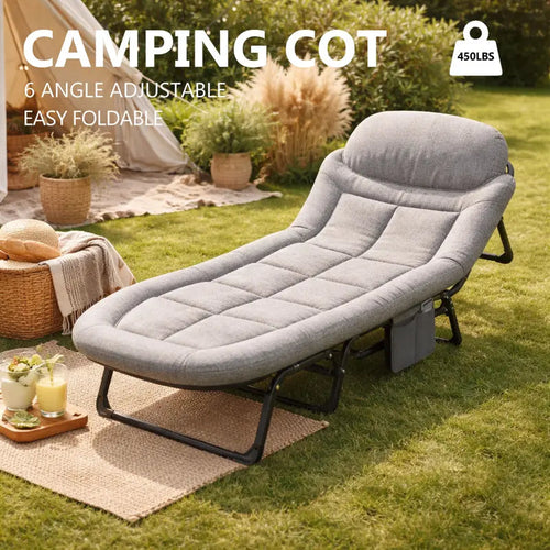 6-Position Adjustable Camping Cot with Mattress, 450lbs Capacity, Folding Portable Bed for Outdoor & Office.